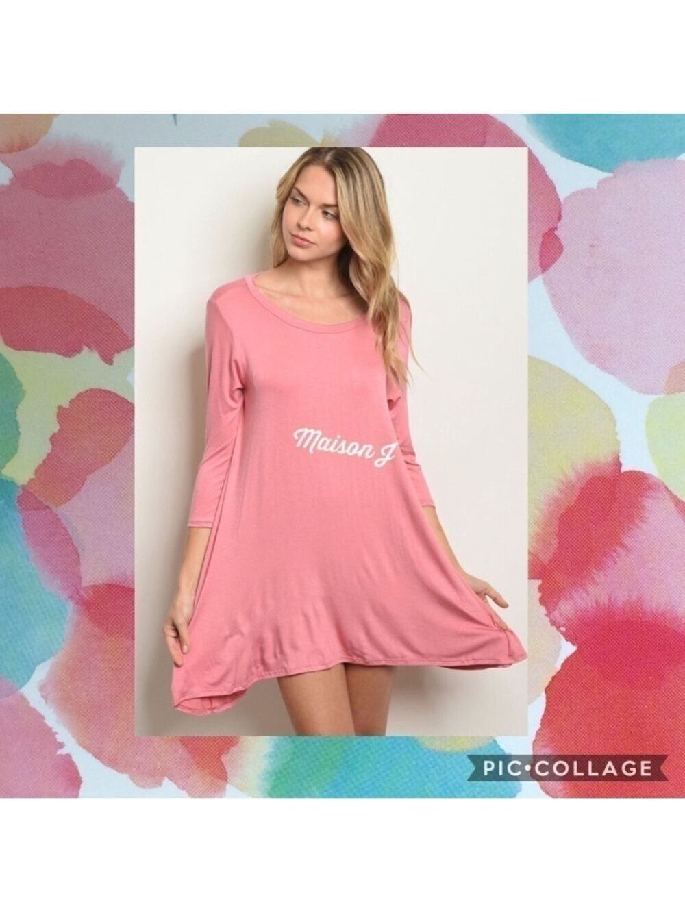LOVE IN Blush Coral Scoop Neck 3/4 Sleeve Tunic Dress